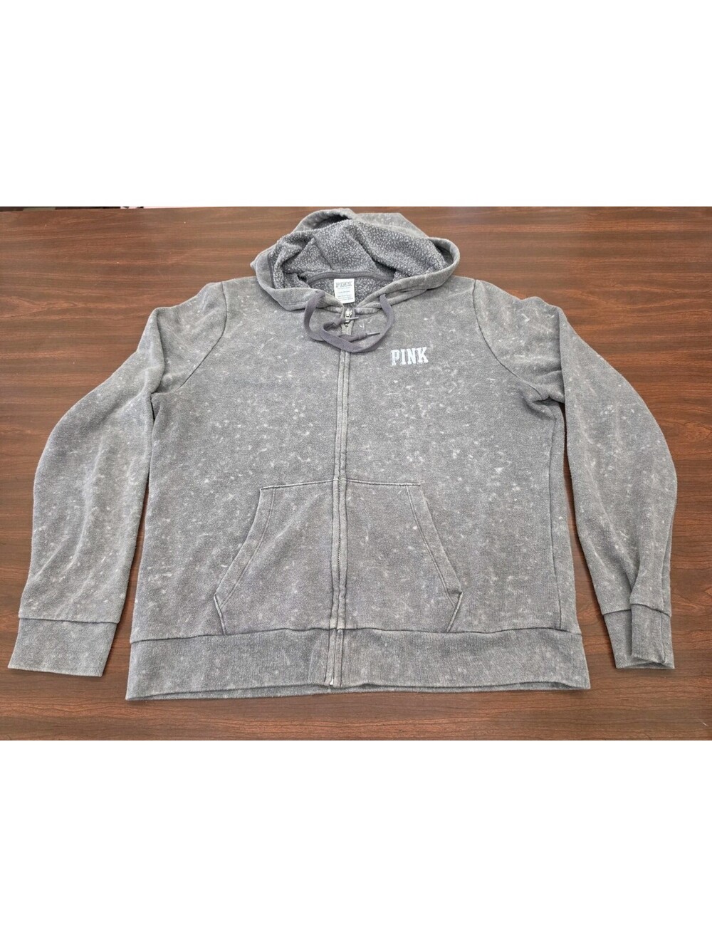 Pink Victoria's Secret Gray Mineral Wash Full Zip Hoodie Sherpa Lined Womens L